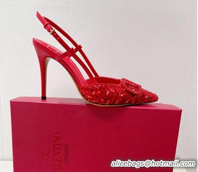 Perfect Valentino Crystal VLogo Slingbacks Pumps in Shiny Sequins Red 330067