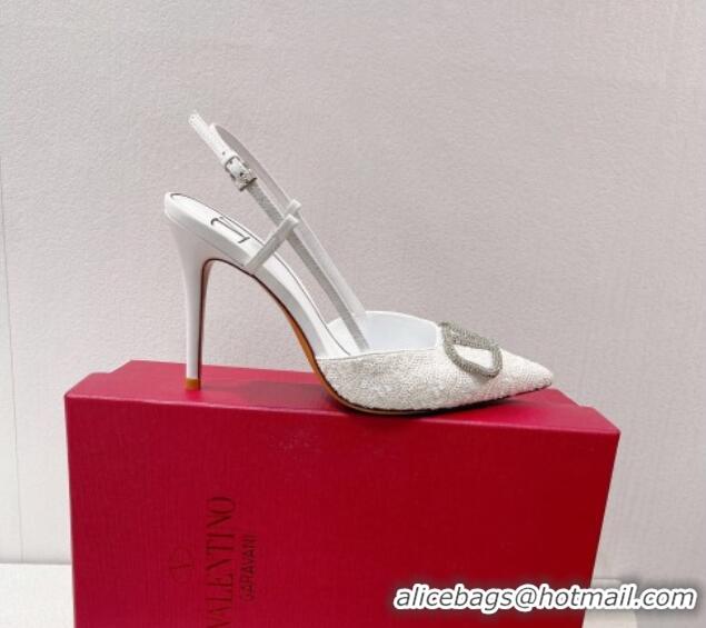 Best Grade Valentino Crystal VLogo Slingbacks Pumps in Shiny Sequins White 330068