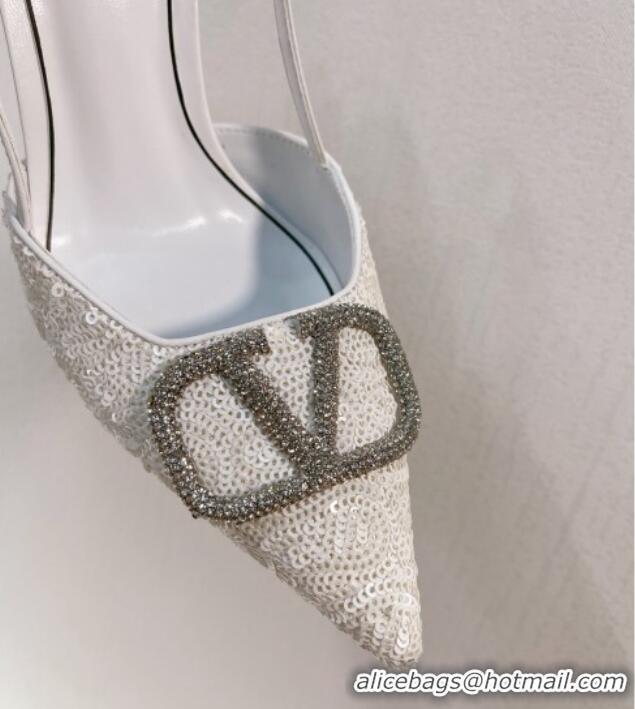 Best Grade Valentino Crystal VLogo Slingbacks Pumps in Shiny Sequins White 330068