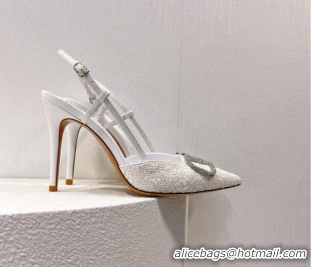 Best Grade Valentino Crystal VLogo Slingbacks Pumps in Shiny Sequins White 330068