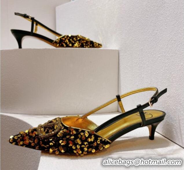 Classic Hot Valentino Crystal VLogo Slingback Pumps 4cm in Shiny Sequins Black/Gold 330069