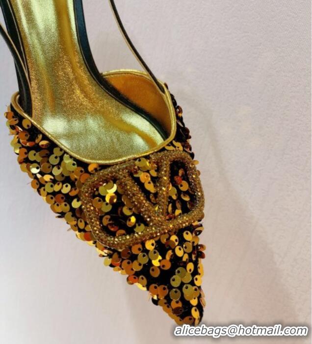 Classic Hot Valentino Crystal VLogo Slingback Pumps 4cm in Shiny Sequins Black/Gold 330069