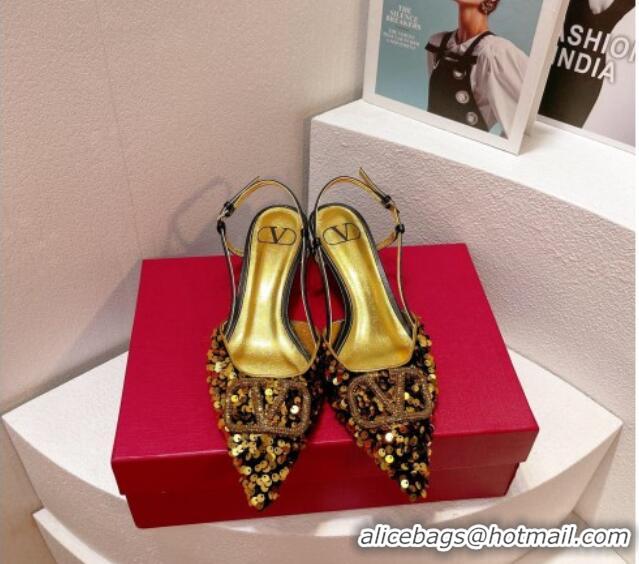 Classic Hot Valentino Crystal VLogo Slingback Pumps 4cm in Shiny Sequins Black/Gold 330069