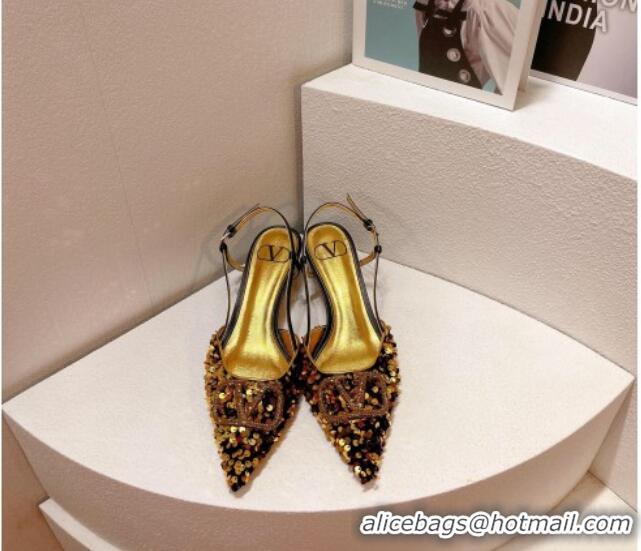 Classic Hot Valentino Crystal VLogo Slingback Pumps 4cm in Shiny Sequins Black/Gold 330069