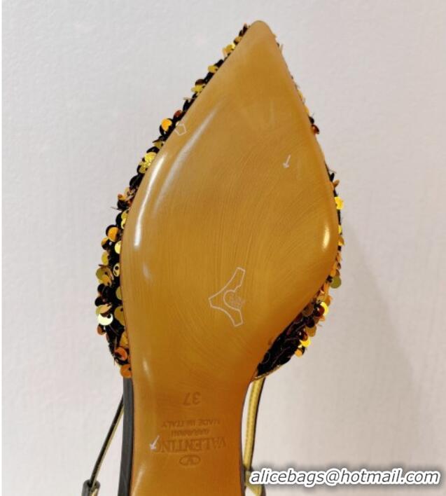 Classic Hot Valentino Crystal VLogo Slingback Pumps 4cm in Shiny Sequins Black/Gold 330069