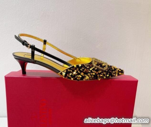 Classic Hot Valentino Crystal VLogo Slingback Pumps 4cm in Shiny Sequins Black/Gold 330069