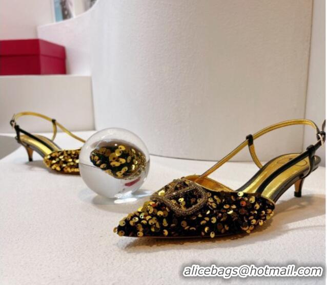 Classic Hot Valentino Crystal VLogo Slingback Pumps 4cm in Shiny Sequins Black/Gold 330069