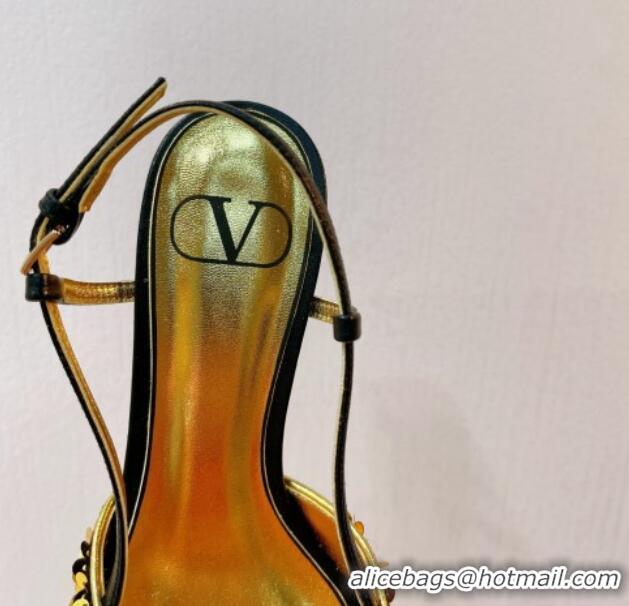 Classic Hot Valentino Crystal VLogo Slingback Pumps 4cm in Shiny Sequins Black/Gold 330069