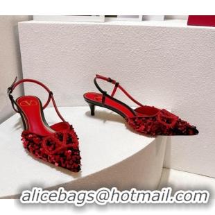 Top Grade Valentino Crystal VLogo Slingback Pumps 4cm in Shiny Sequins Red/Black 330070