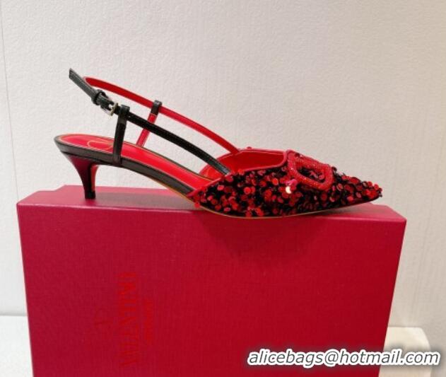 Top Grade Valentino Crystal VLogo Slingback Pumps 4cm in Shiny Sequins Red/Black 330070