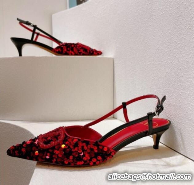 Top Grade Valentino Crystal VLogo Slingback Pumps 4cm in Shiny Sequins Red/Black 330070