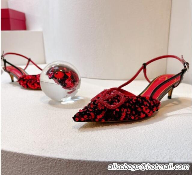 Top Grade Valentino Crystal VLogo Slingback Pumps 4cm in Shiny Sequins Red/Black 330070