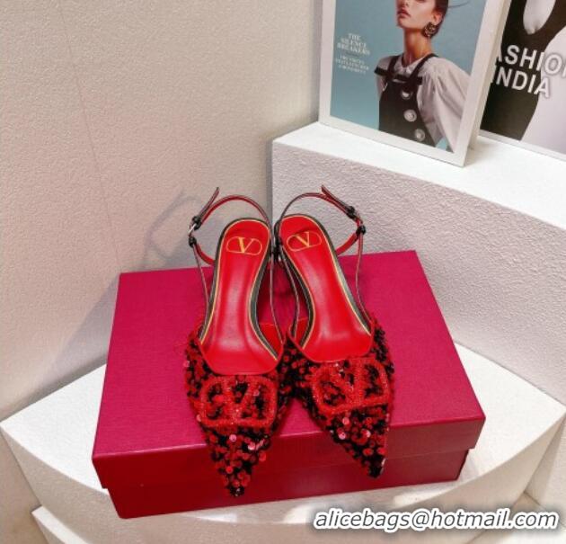 Top Grade Valentino Crystal VLogo Slingback Pumps 4cm in Shiny Sequins Red/Black 330070