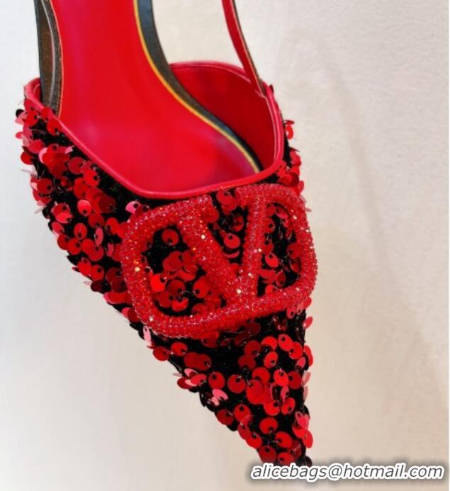 Top Grade Valentino Crystal VLogo Slingback Pumps 4cm in Shiny Sequins Red/Black 330070