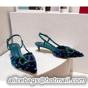 Low Price Valentino Crystal VLogo Slingback Pumps 4cm in Shiny Sequins Blue/Green 330071