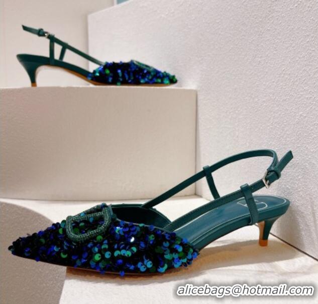 Low Price Valentino Crystal VLogo Slingback Pumps 4cm in Shiny Sequins Blue/Green 330071