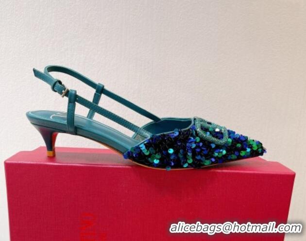 Low Price Valentino Crystal VLogo Slingback Pumps 4cm in Shiny Sequins Blue/Green 330071