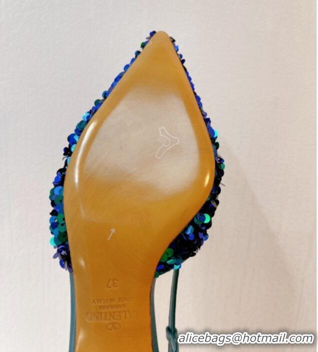 Low Price Valentino Crystal VLogo Slingback Pumps 4cm in Shiny Sequins Blue/Green 330071