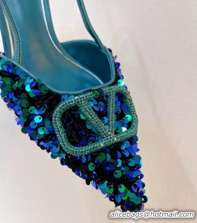 Low Price Valentino Crystal VLogo Slingback Pumps 4cm in Shiny Sequins Blue/Green 330071