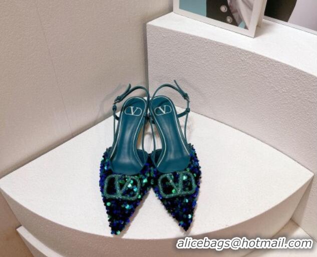 Low Price Valentino Crystal VLogo Slingback Pumps 4cm in Shiny Sequins Blue/Green 330071