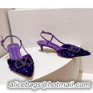 Best Price Valentino Crystal VLogo Slingback Pumps 4cm in Shiny Sequins Purple 330072