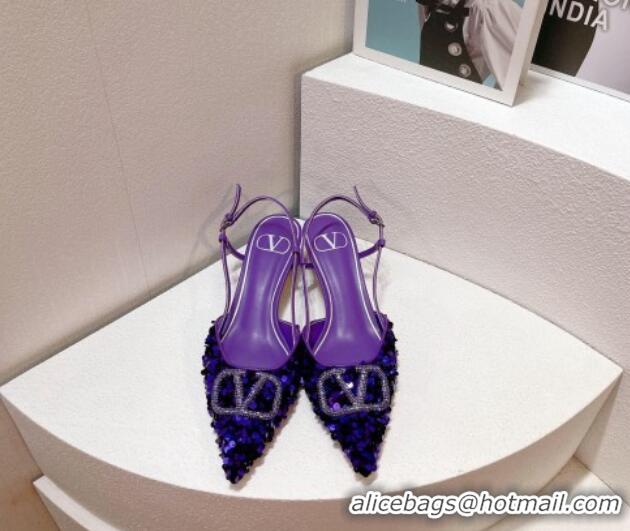 Best Price Valentino Crystal VLogo Slingback Pumps 4cm in Shiny Sequins Purple 330072