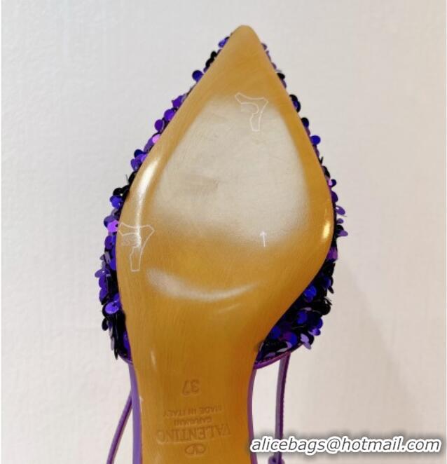 Best Price Valentino Crystal VLogo Slingback Pumps 4cm in Shiny Sequins Purple 330072