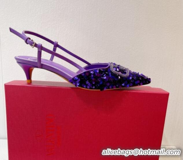 Best Price Valentino Crystal VLogo Slingback Pumps 4cm in Shiny Sequins Purple 330072