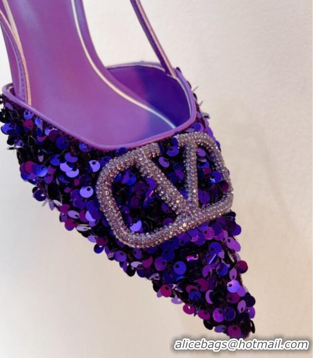 Best Price Valentino Crystal VLogo Slingback Pumps 4cm in Shiny Sequins Purple 330072