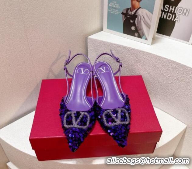 Best Price Valentino Crystal VLogo Slingback Pumps 4cm in Shiny Sequins Purple 330072