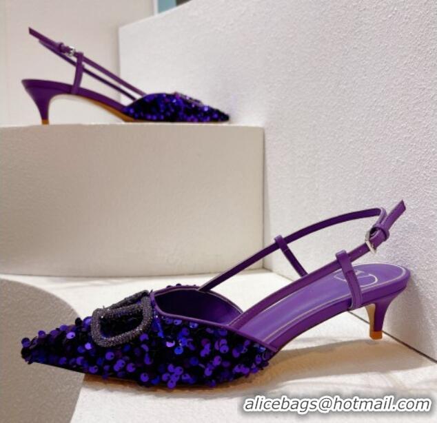 Best Price Valentino Crystal VLogo Slingback Pumps 4cm in Shiny Sequins Purple 330072