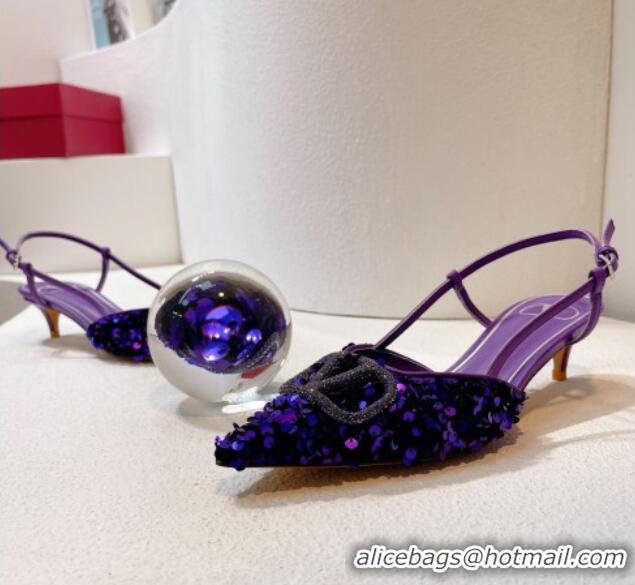 Best Price Valentino Crystal VLogo Slingback Pumps 4cm in Shiny Sequins Purple 330072