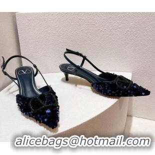 Perfect Valentino Crystal VLogo Slingback Pumps 4cm in Shiny Sequins Royal Blue 330074