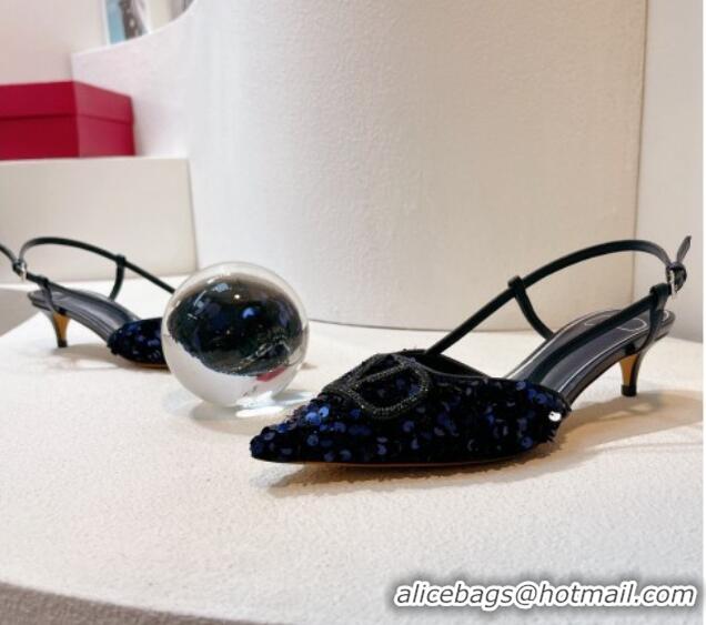 Perfect Valentino Crystal VLogo Slingback Pumps 4cm in Shiny Sequins Royal Blue 330074