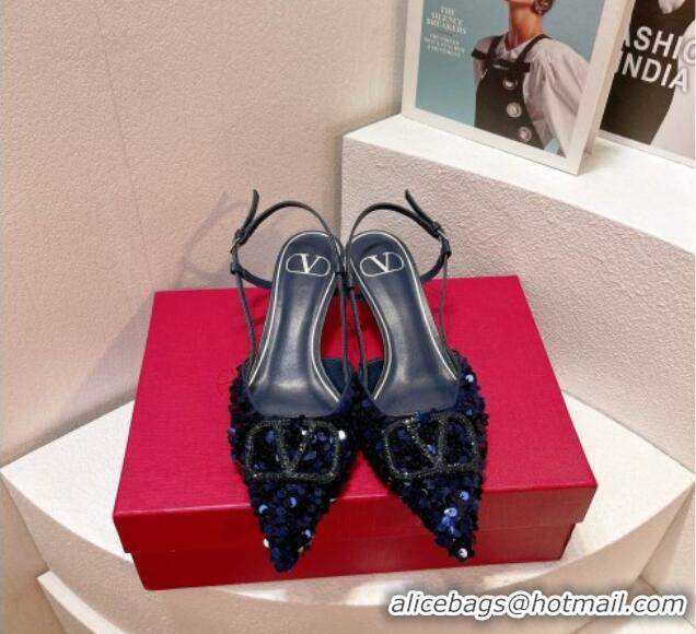 Perfect Valentino Crystal VLogo Slingback Pumps 4cm in Shiny Sequins Royal Blue 330074