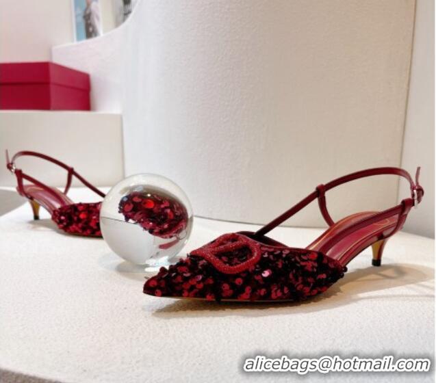 Pretty Style Valentino Crystal VLogo Slingback Pumps 4cm in Shiny Sequins Dark Red 330075