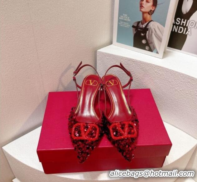 Pretty Style Valentino Crystal VLogo Slingback Pumps 4cm in Shiny Sequins Dark Red 330075