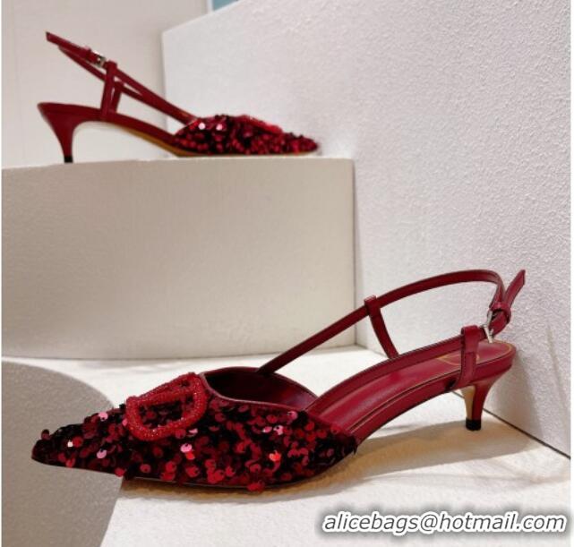 Pretty Style Valentino Crystal VLogo Slingback Pumps 4cm in Shiny Sequins Dark Red 330075