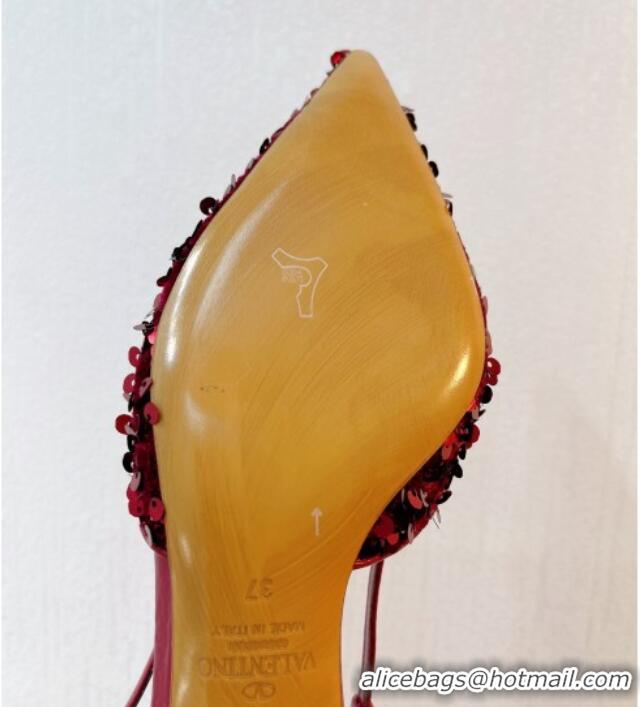 Pretty Style Valentino Crystal VLogo Slingback Pumps 4cm in Shiny Sequins Dark Red 330075