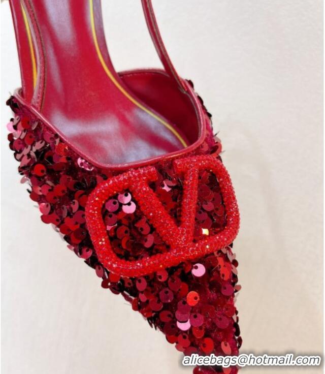 Pretty Style Valentino Crystal VLogo Slingback Pumps 4cm in Shiny Sequins Dark Red 330075