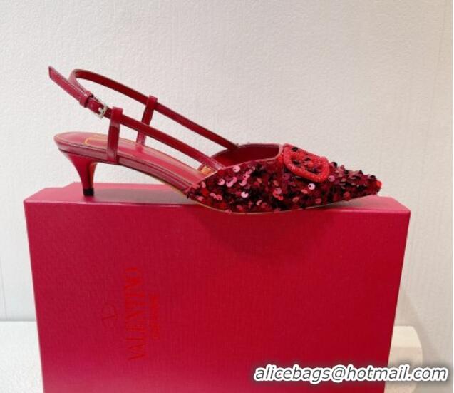 Pretty Style Valentino Crystal VLogo Slingback Pumps 4cm in Shiny Sequins Dark Red 330075