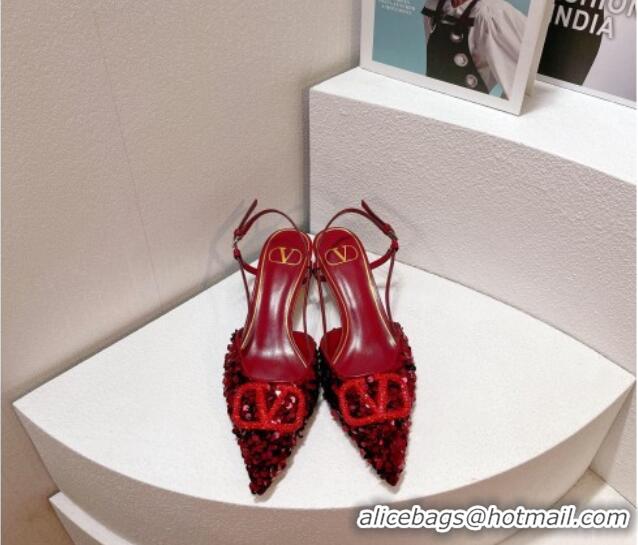 Pretty Style Valentino Crystal VLogo Slingback Pumps 4cm in Shiny Sequins Dark Red 330075