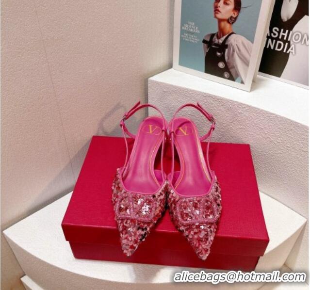 Durable Valentino Crystal VLogo Slingback Pumps 4cm in Shiny Sequins Light Pink 330076