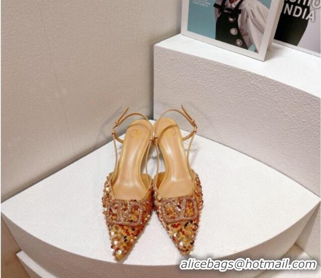 Stylish Valentino Crystal VLogo Slingback Pumps 4cm in Shiny Sequins Beige 330077