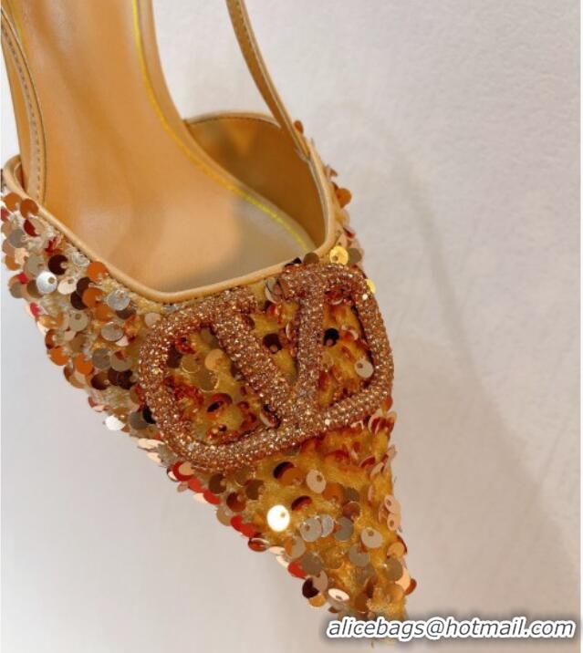 Stylish Valentino Crystal VLogo Slingback Pumps 4cm in Shiny Sequins Beige 330077