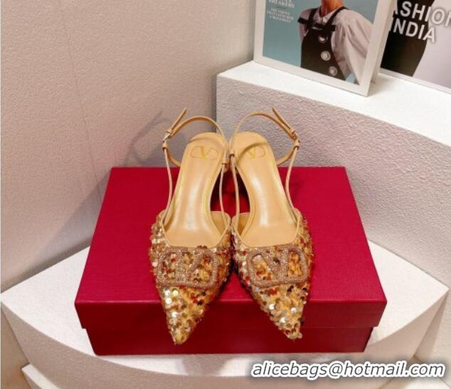 Stylish Valentino Crystal VLogo Slingback Pumps 4cm in Shiny Sequins Beige 330077