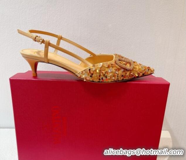 Stylish Valentino Crystal VLogo Slingback Pumps 4cm in Shiny Sequins Beige 330077