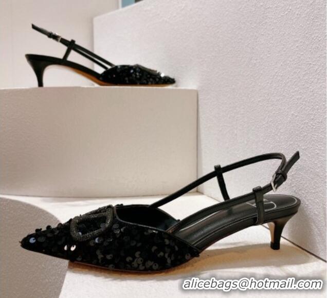 Shop Duplicate Valentino Crystal VLogo Slingback Pumps 4cm in Shiny Sequins Black 330078