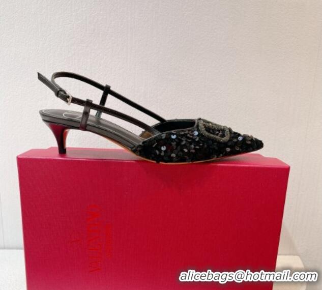 Shop Duplicate Valentino Crystal VLogo Slingback Pumps 4cm in Shiny Sequins Black 330078