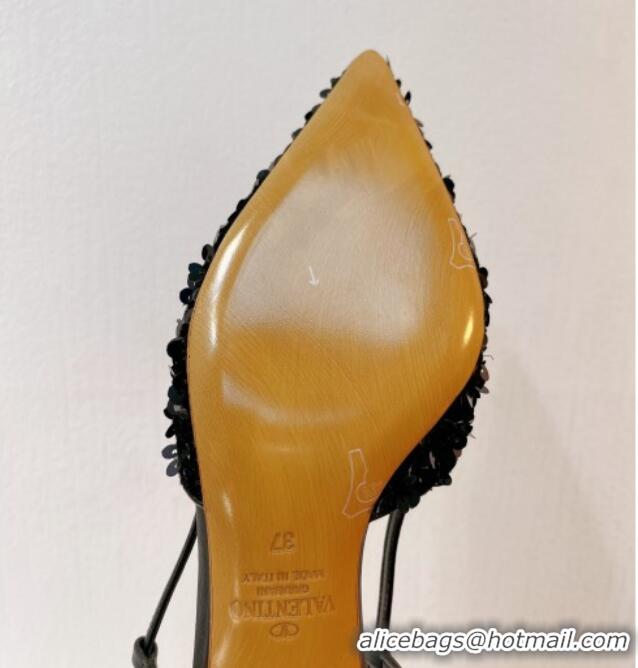 Shop Duplicate Valentino Crystal VLogo Slingback Pumps 4cm in Shiny Sequins Black 330078